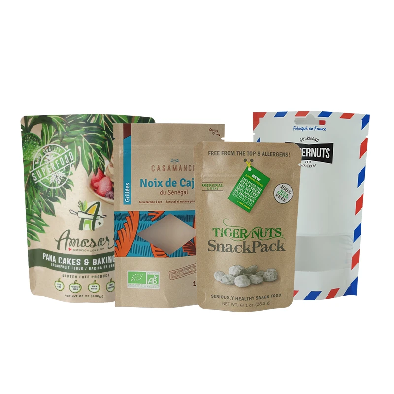 Best selling zipper stand up brown white kraft paper bag with window for food