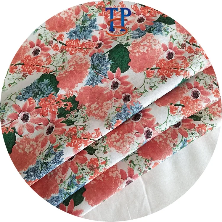 
Customizable 16mm red daisy printed silk cotton stain interwoven fabric 
