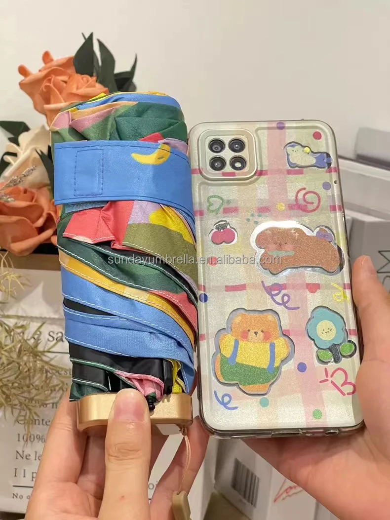 SD New Arrival 6-Folded Black Coating Umbrella Manual Oil Painting Design Pocket-Size Compact Parasol Adults Travel Wholesale