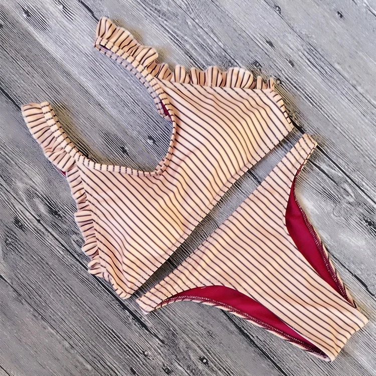 Женские пуш-ап топы с оборками, облегающие стринги в полоску, 2018