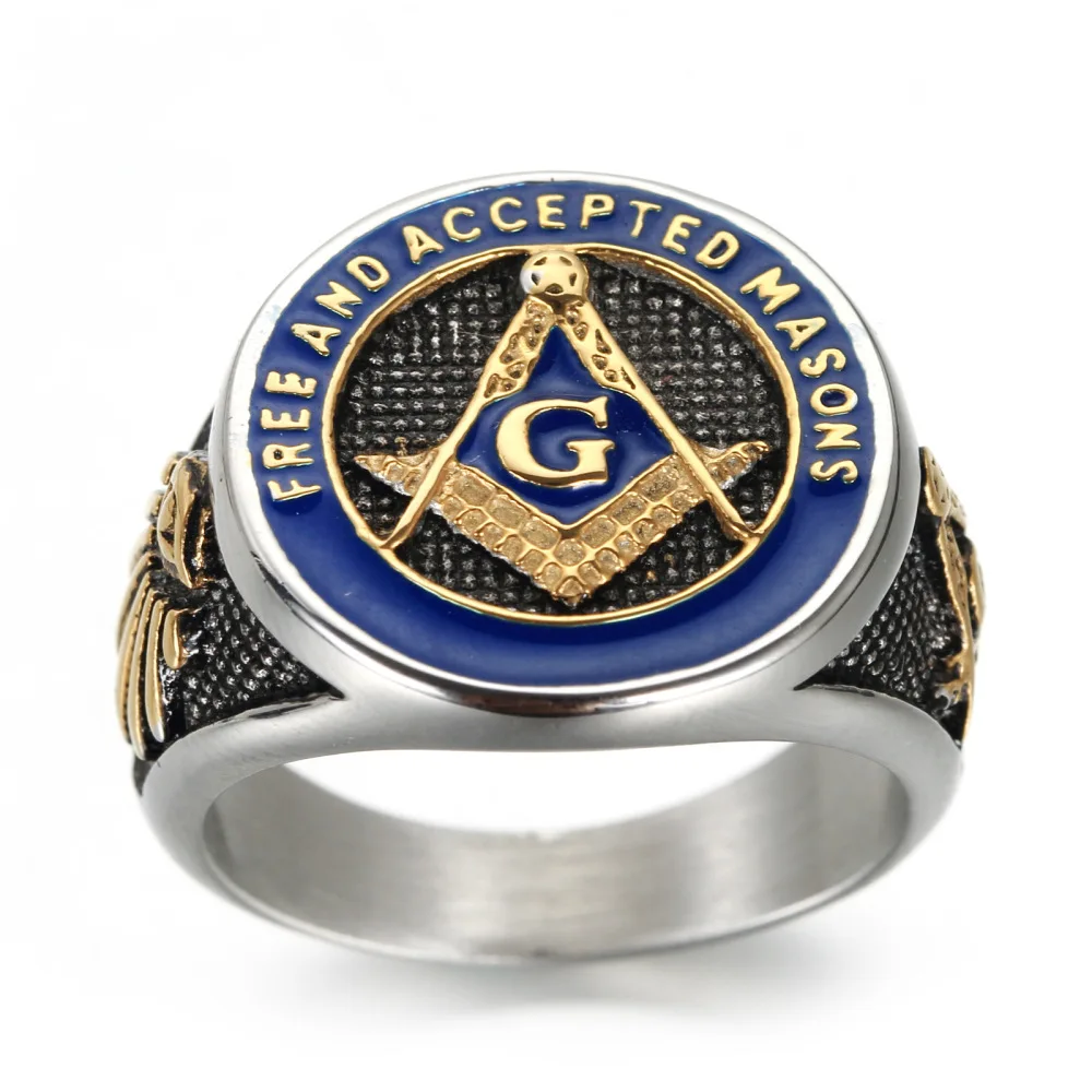 Personalized Custom Masonic Stainless Steel Letter Rings Gold And Silver Plated Enamel Blue Freemasons Finger Ring