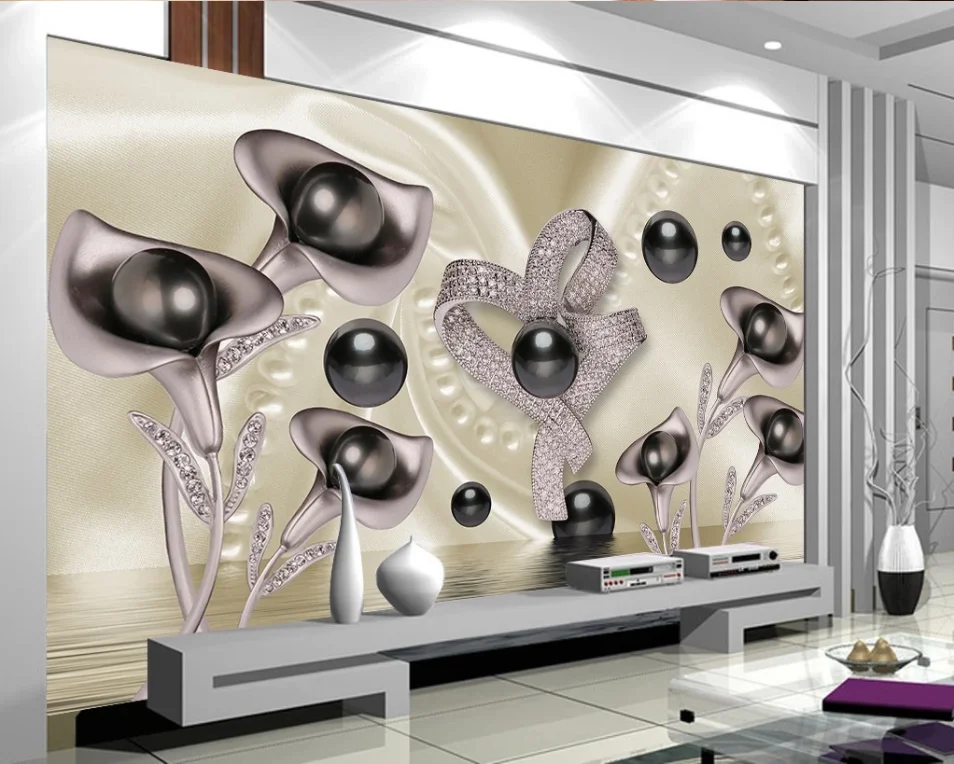 ZHIHAI 3D water wave reflection TV background wall of Calla and butterfly wallpaper flower rock and roll printed fabric