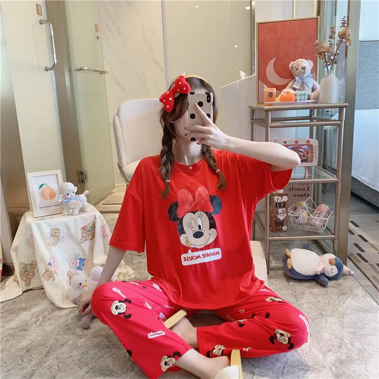 
Spring and summer short-sleeved trousers Cute Korean style trendy new cartoon loose leisure home wear two-piece pajamas 