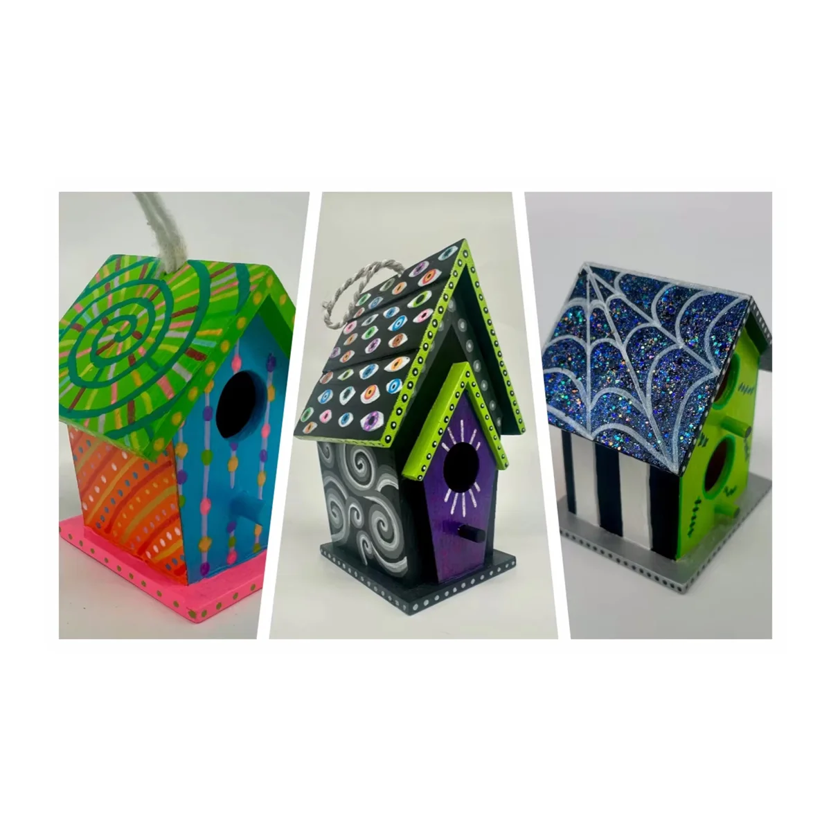 WILDMX Various hand-painted styles of stylish and beautiful birdhouses are hung outdoors to attract wild birds 3 pack