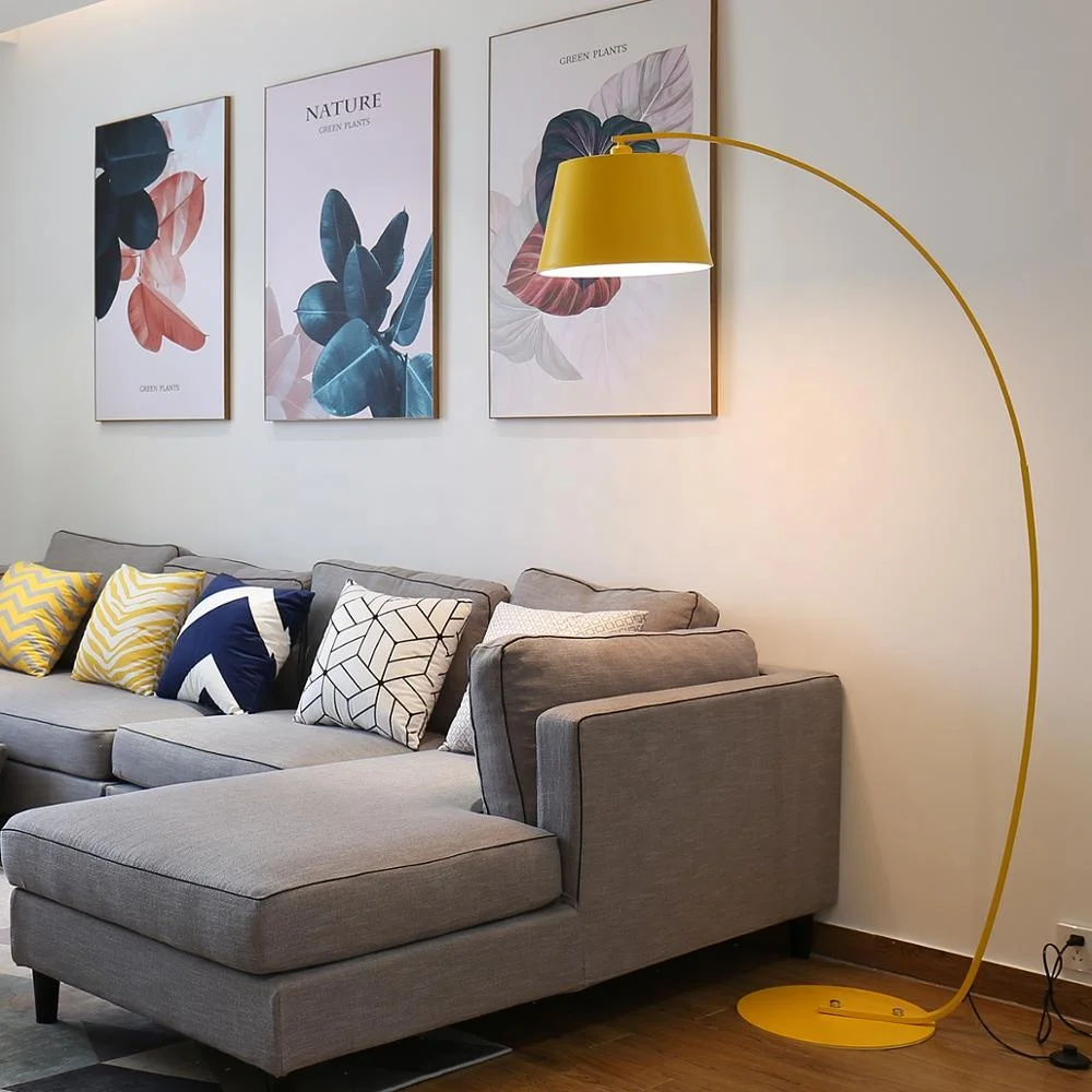 High Quality Nodic Design Curved Arm Metal Base Yellow Standing Lamps Big Arc Fish Floor Lamp