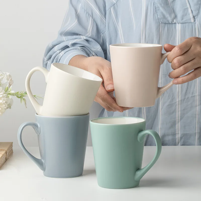 Wholesale 400ml Green Grey Beige Pink Vertical Grain Cup Custom Logo Printed Ceramic Mug Coffee Milk Cup