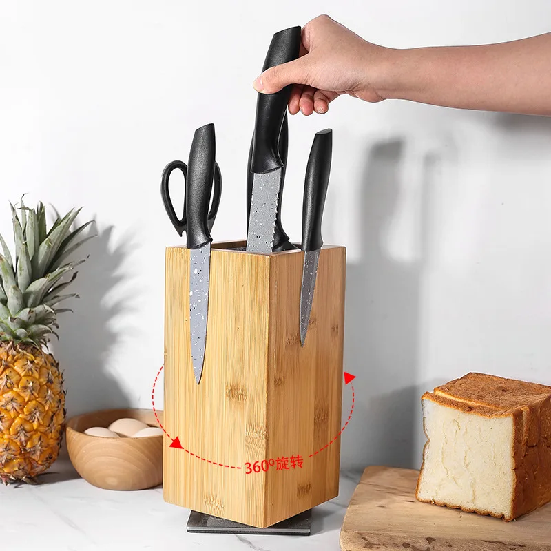 Black 4 sides Magnetic Knife Block 360 Rotatable Wooden Knife Holder