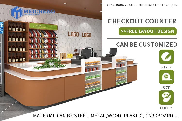 Supermarket Checkout Counter Equipment Shop Cash Counter Fashion Wood Checkout Counter Meicheng
