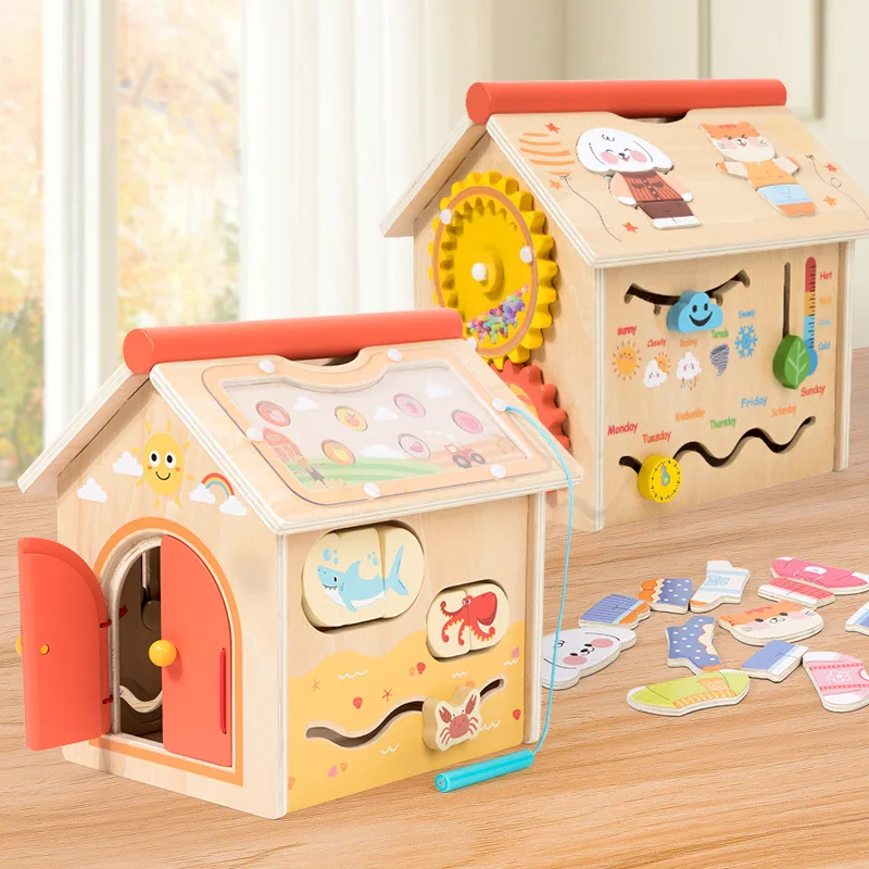 Children Early Education Wisdom Box Toddler Manipulative Skill Wooden Busy Board Kids Educational Wooden Busy House Toy