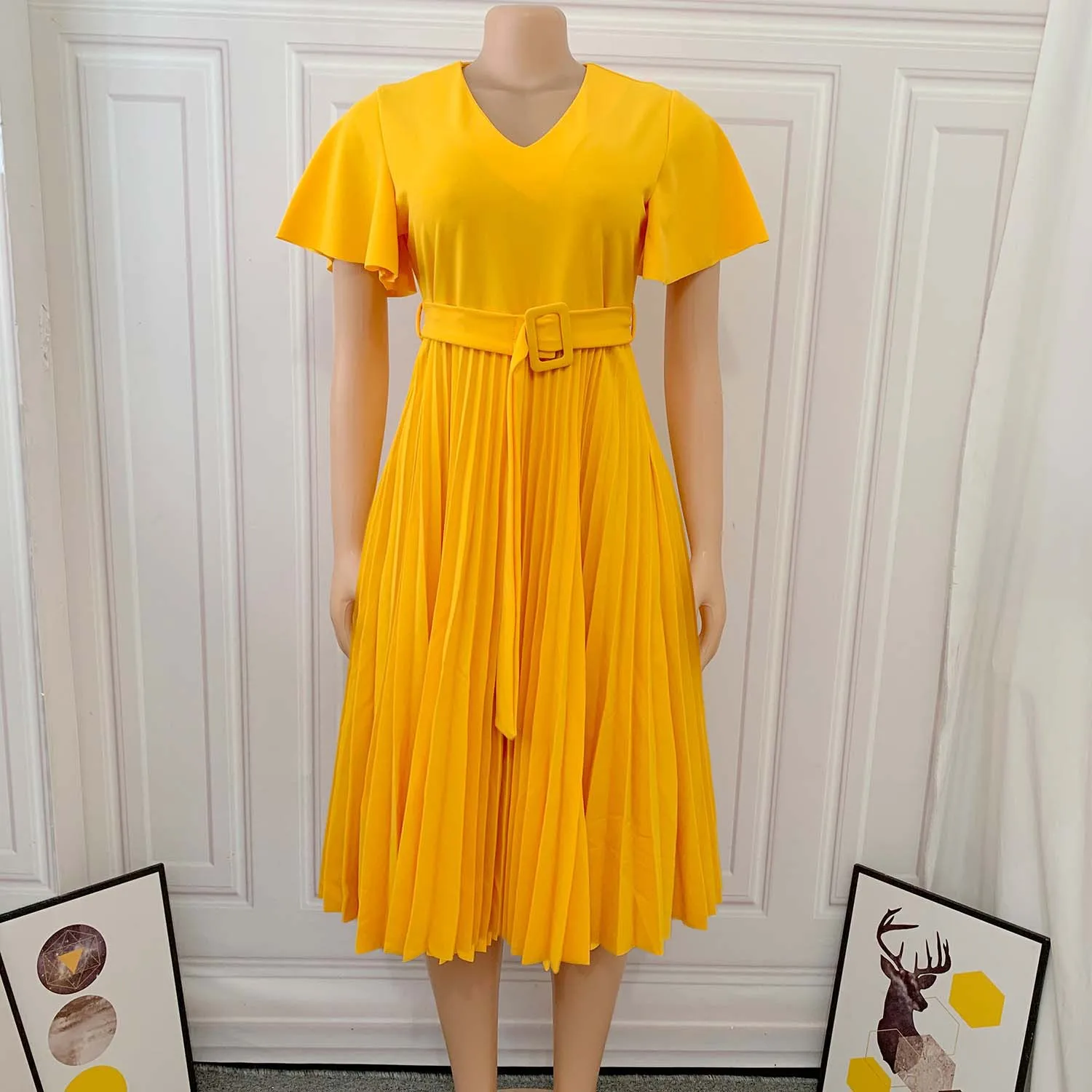 Wholesale Summer Plus Size V-Neck Lotus Sleeve Women Dress Fashion Casual Solid Color Belt Women Dresses