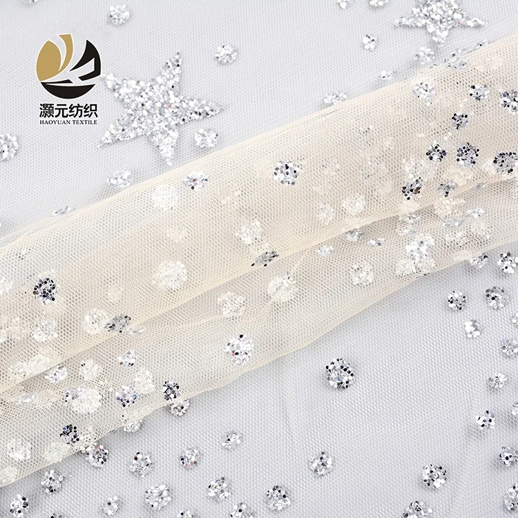 Ready goods wholesale fancy printing 100% polyester galaxy printed white crystal tulle fabric