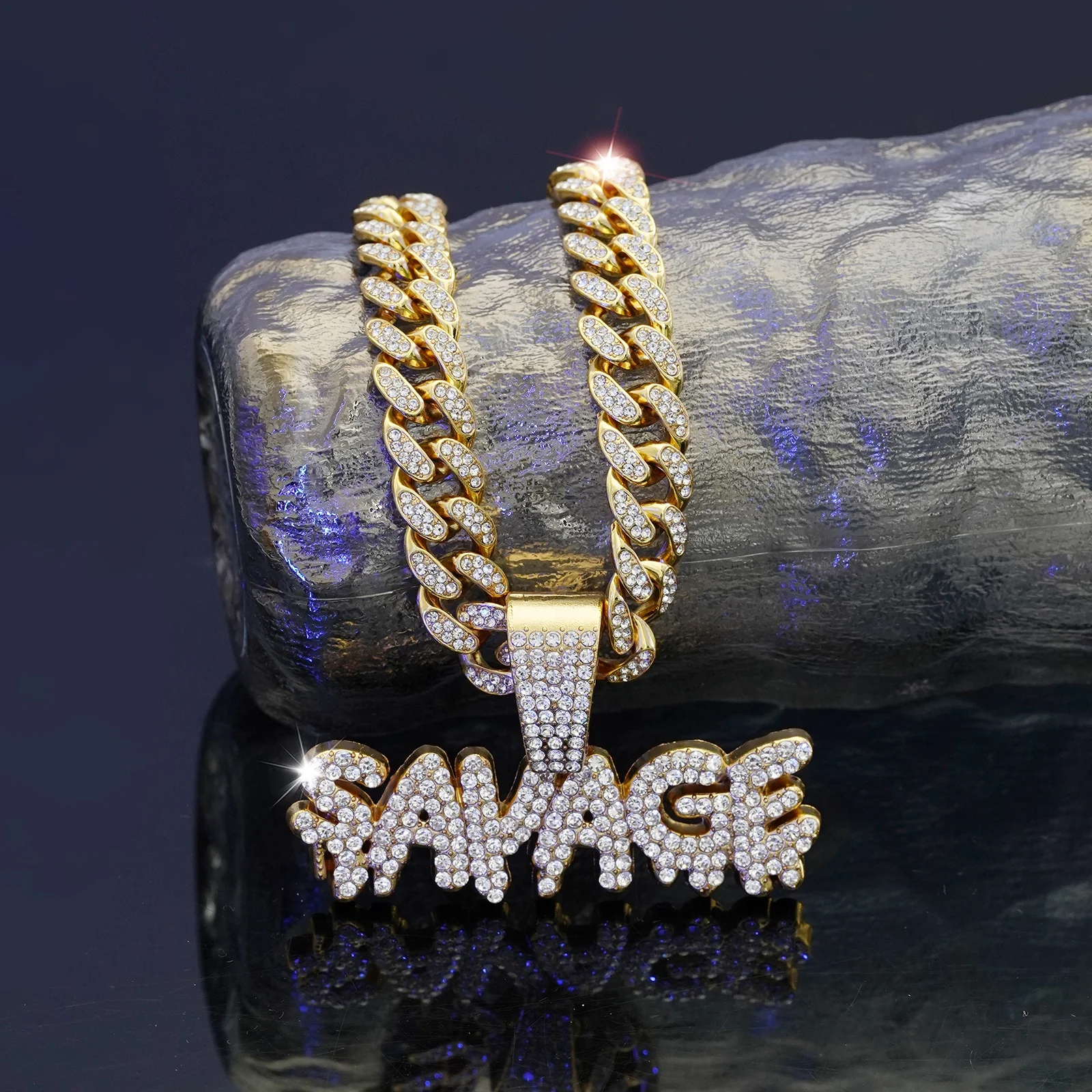 Hot Trendy Bling Letter SAVAGE Pendant Gold Miami Cuban Chain Iced Out Necklaces CharmFashion Pendant Necklaces for Men Women