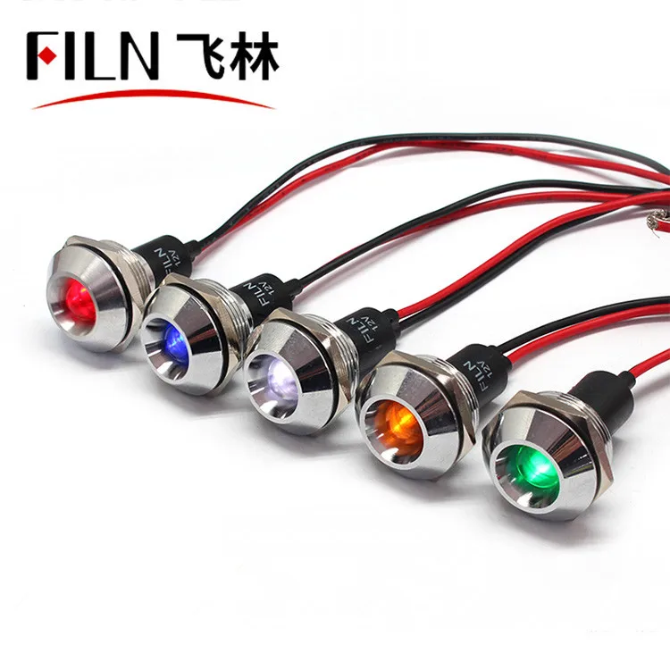 FILN 22mm metal IP67 Wire cable 20cm  3v 110v equipment indicaitor light signal lamp red green yellow blue white
