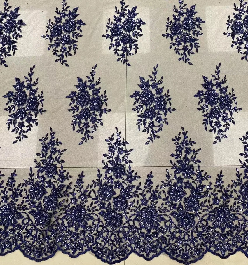 new design high fashion heavy machine beaded sequins embroidery lace fabric for dresses/navy blue beaded textile fabric