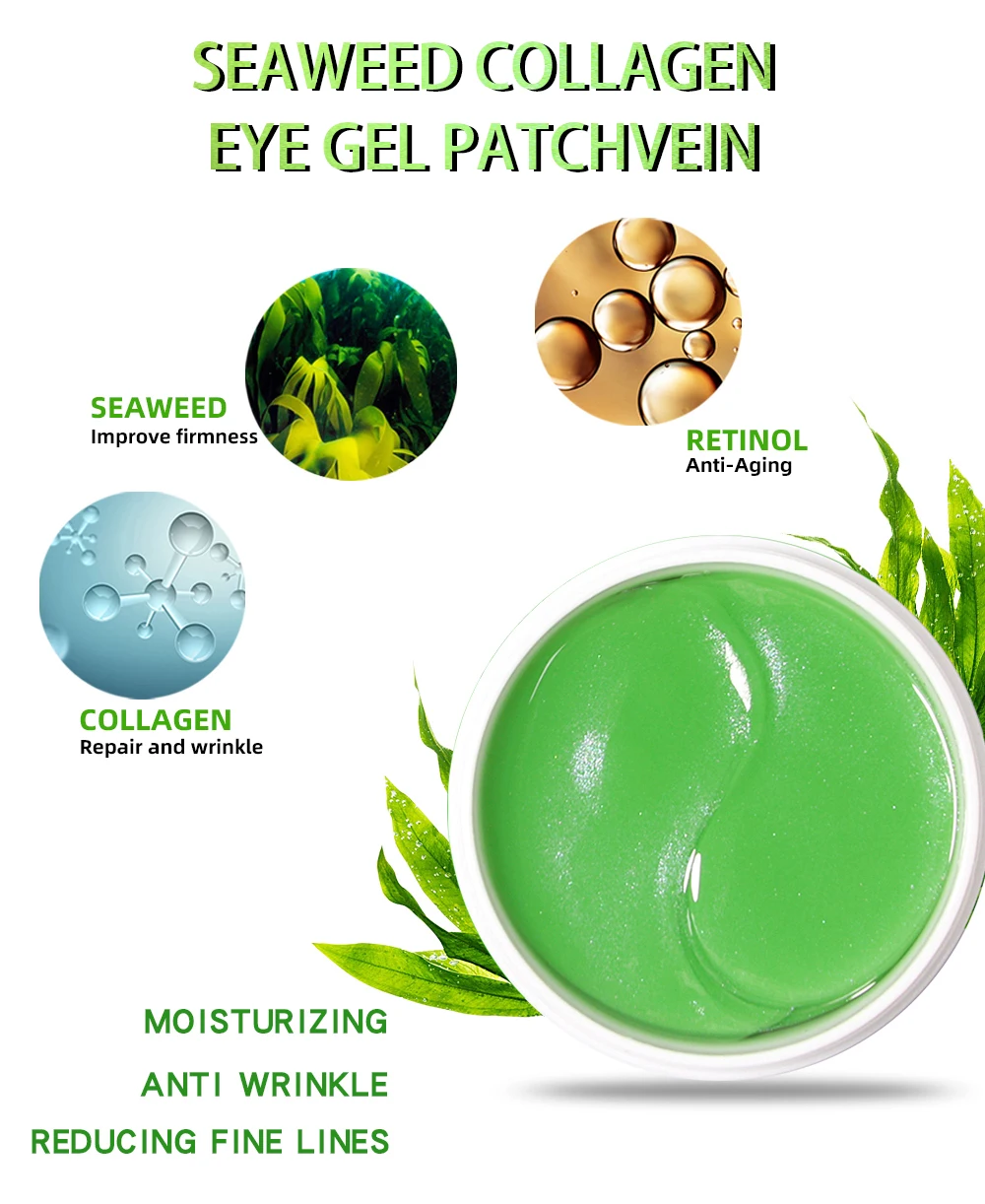 Custom Your Logo Green Tea Aloe Vera Seawood Collagen Eye Gel Patches Private Label Hydrating Under Hydrogel Eye Mask