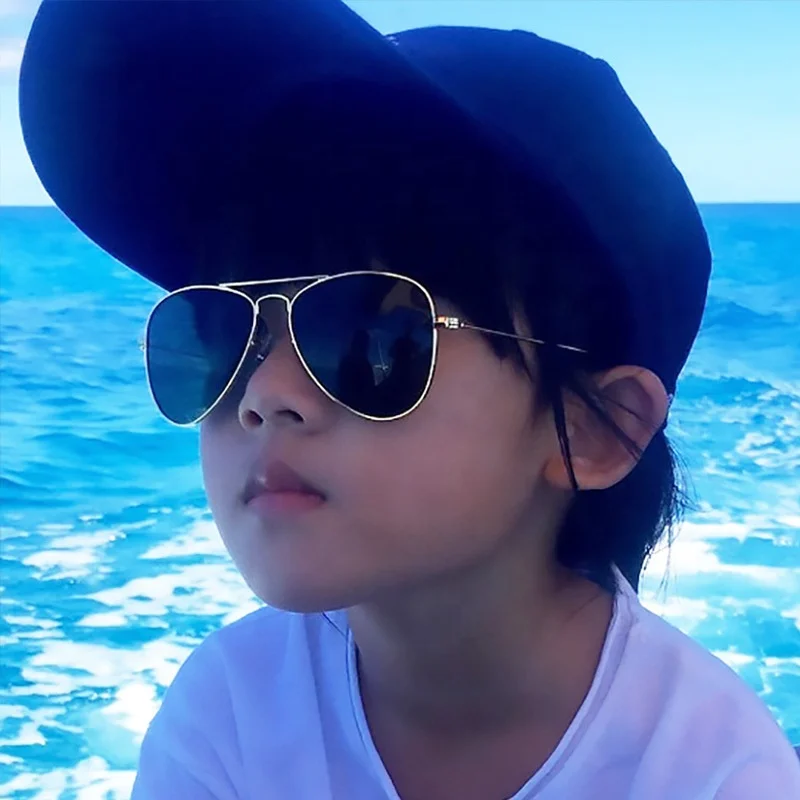 Custom logo children personality shades girls boy metal frame ac lenses sun glasses kids double beam frog polarized sunglasses