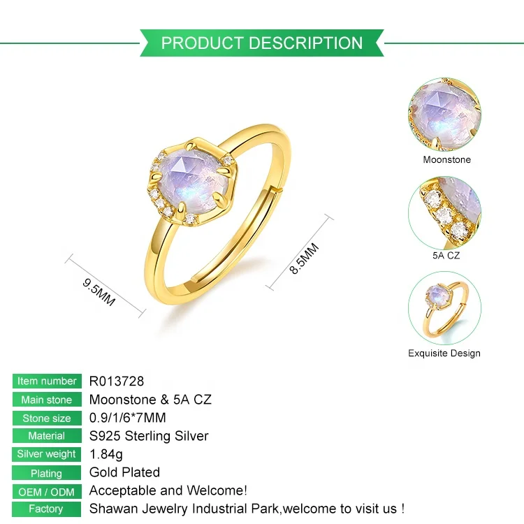 New Arrival Dainty Natural Gemstone Moonstone Rings 925 Sterling Silver Jewelry Women Adjustable Gemstone Rings for Gift
