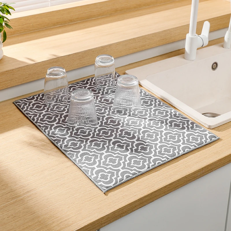 Absorbent Fabric Low-Profile Kitchen Drying Pad Machine Washable/Durable  Premium Dish Drying Mat