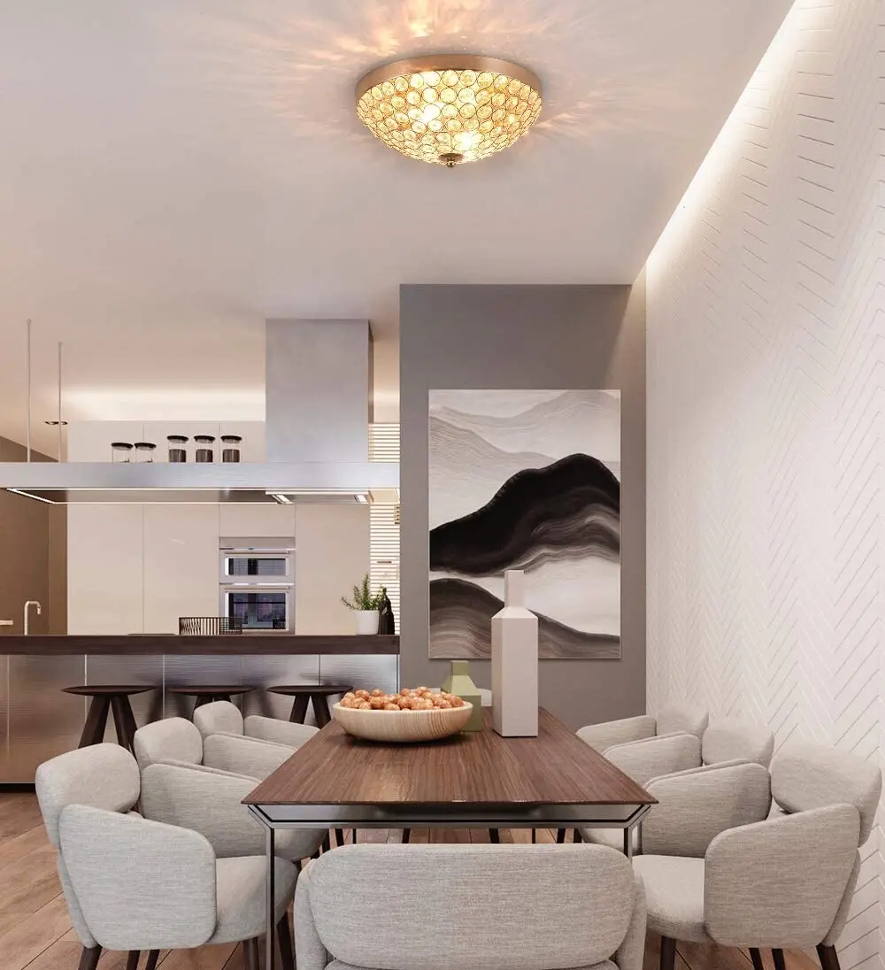 Flush Mount Chrome Finish Modern Crystal Chandelier Ceiling Light Bowl Shape Ceiling Light Fixtures