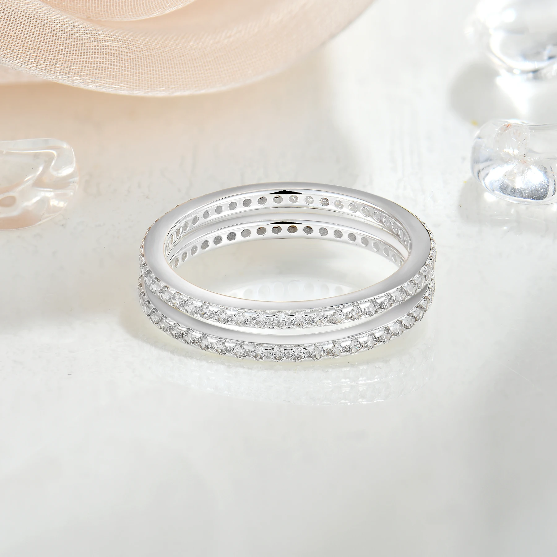 Simple row zirconium ring 925 sterling silver full zircon double row engagement ring for women