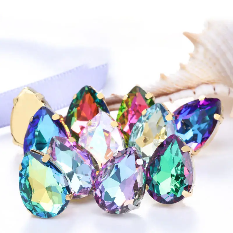 Anwen 10*14mm Drop shape Glass Stone With Metal Claw Golden setting Sew On Clothes crystal  For Garment rhinestone accessories