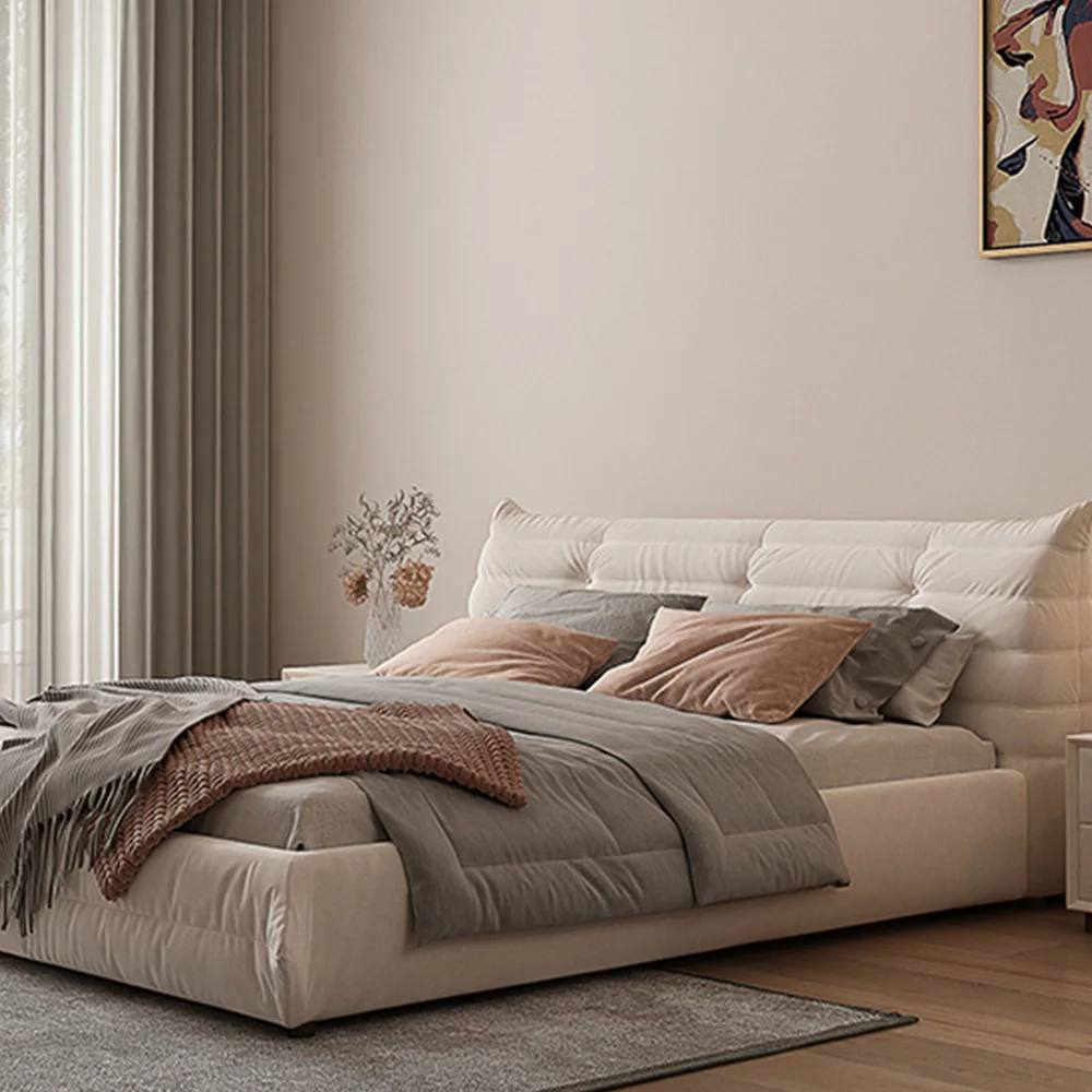 Italian Nordic Queen Size Double White Bed New Design Fabric Platform Wooden King Size Bedroom Furniture With Storage