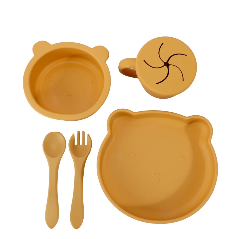 Kids Suction Plate Bowl Bib Learning Cup Toddler Independent Feeding Training Soft Spoon Fork Dish Bear Feeding Set