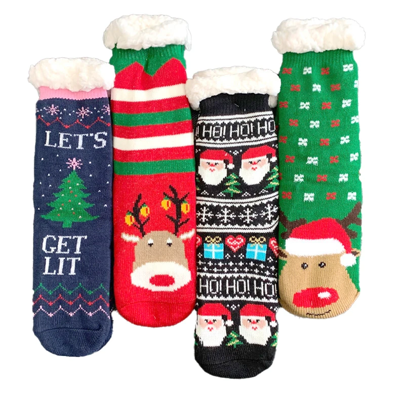 Wholesale indoor cute warm thick fleece lined socks in winter fluffy Christmas socks for women