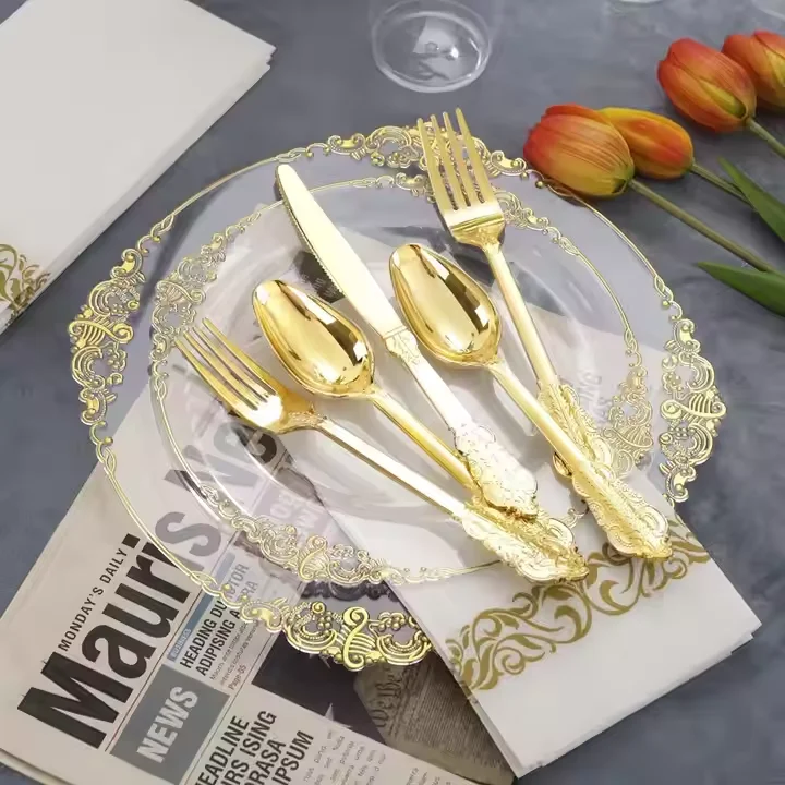 Wholesale Christmas 175pcs one set Wedding Supplies Birthday Party Knife Fork Spoon Cutlery Set Disposable Cup Plate Tableware