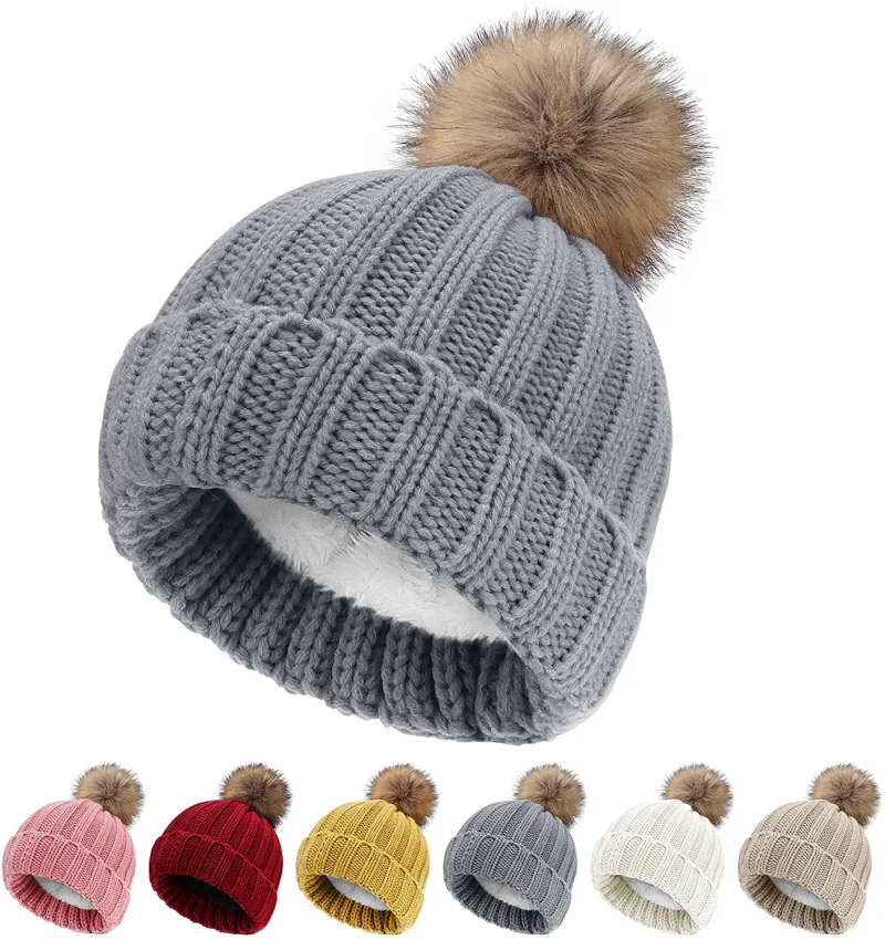 Womens Winter Thickened Fleece Warm Beanie Hat Cuffed Faux Fur Pom Hat Knitted Warm Soft Skull Cap With Pom