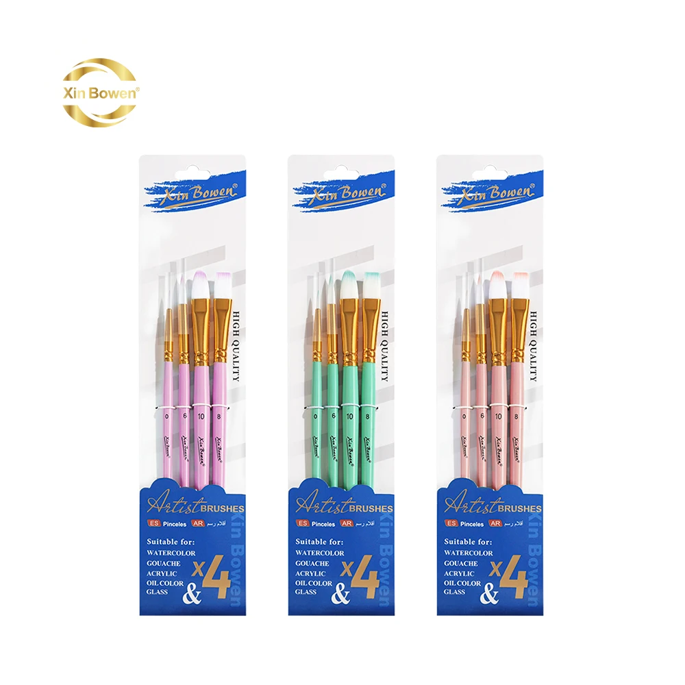 Xin Bowen 4pcs Acrylic Oil Watercolor Painting Brush Set Iris Purple Mint Green Nude Pink with Multiple Hair Shape for Artists