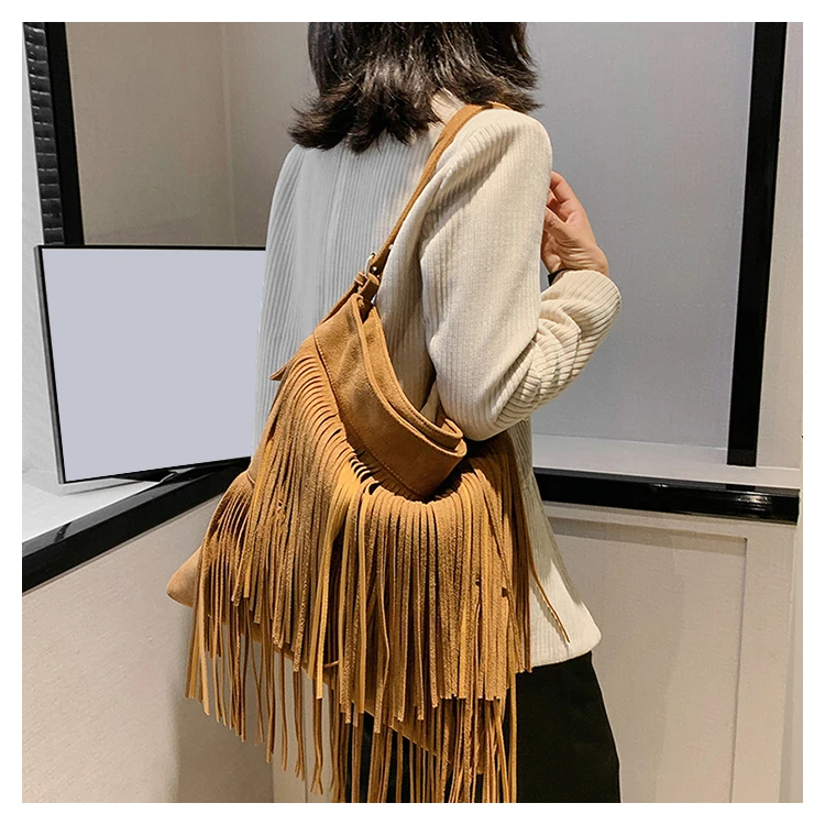 Women Vegan Suede Fringe Tassel Shoulder Purses Messenger Bag Hippie Cross Body Leisure Hobo Tote Bag