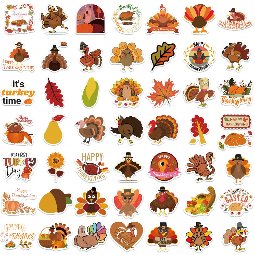 100PCS Thanksgiving Day Turkey Corn Squash Art Aesthetics Cute Funny Cartoon Decals Graffiti Vinyl Waterproof Stickers