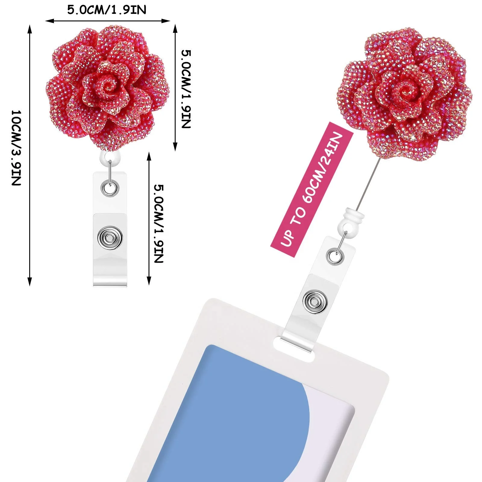 Glitter Flower Nurse Badge Reel Decorative Badge Holder Retractable ID Badge Reels Holder with Alligator Clip