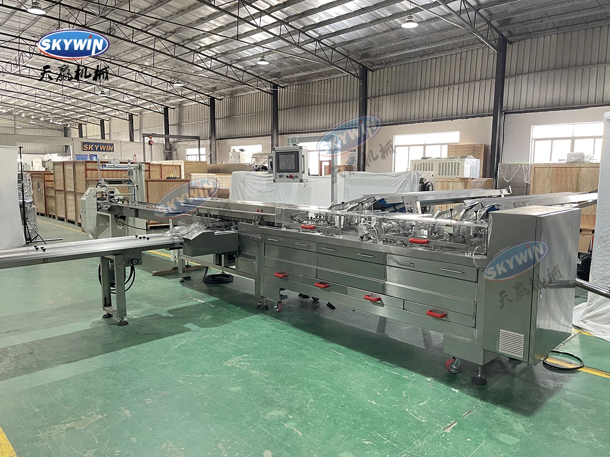 Two Lanes one colors Sandwich Biscuit Machine connect 380 Flow Packing Machine And Star Wheel Stacker Packing Table