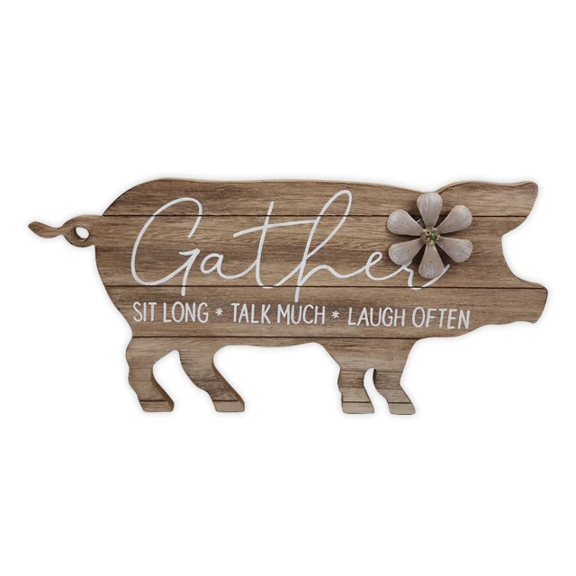 Customizable Wood Decorations Wooden decoration wood grooved pig made old finish print words with metallic flower