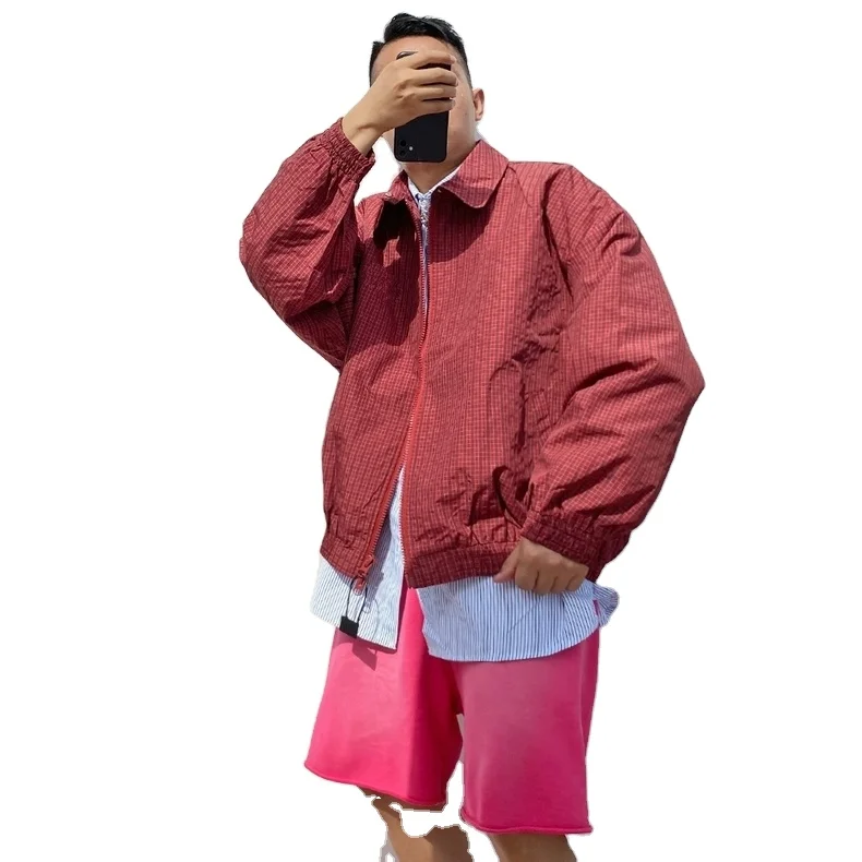 unisex clothing design street style apricot drop shoulder jacket men windproof zip up plaid red jacket