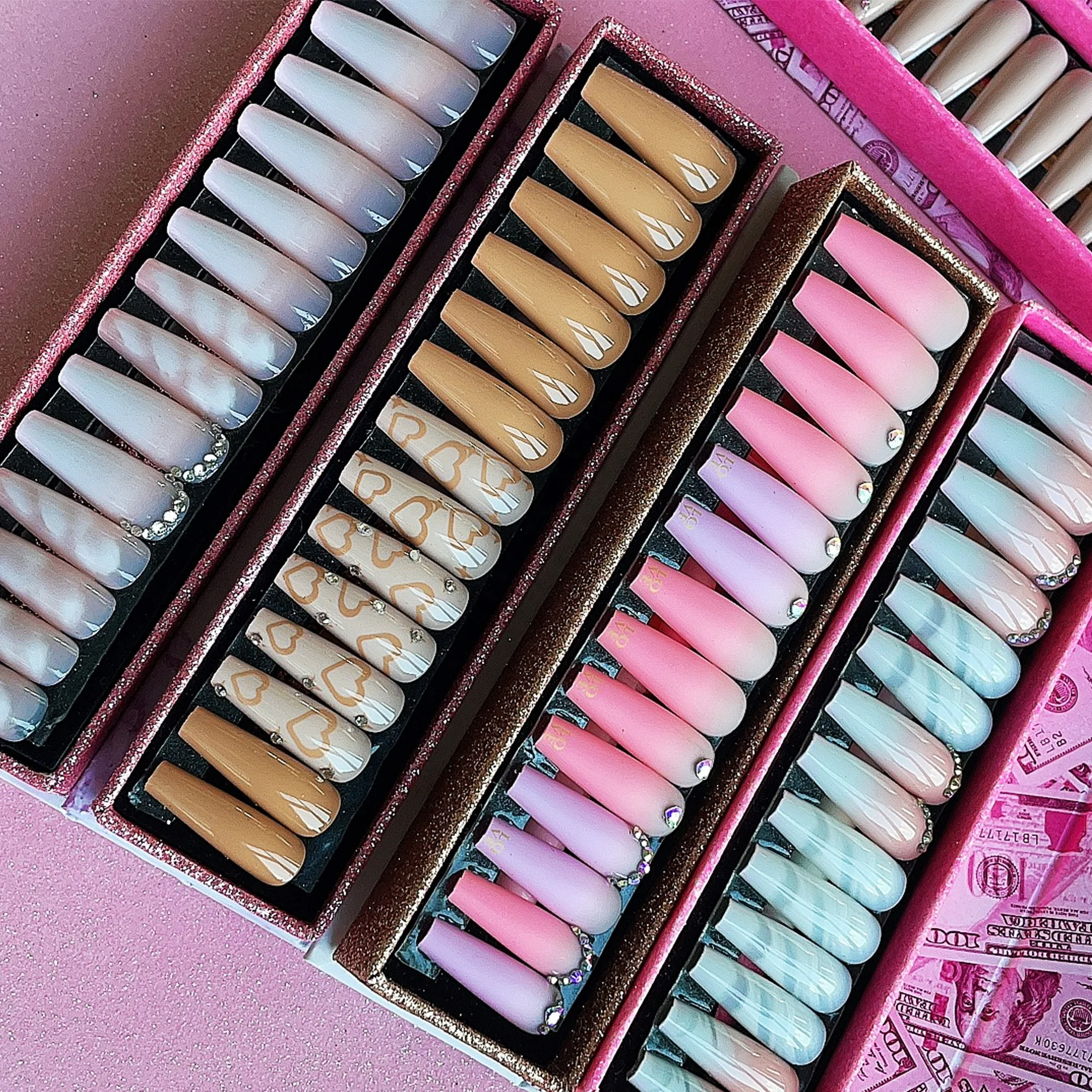 Naixi Free Samples Hot designNails Press on Long Ballerina Acrylic Nails Diamond Luxury Medium Coffin French 24pcs/Box Blind Box