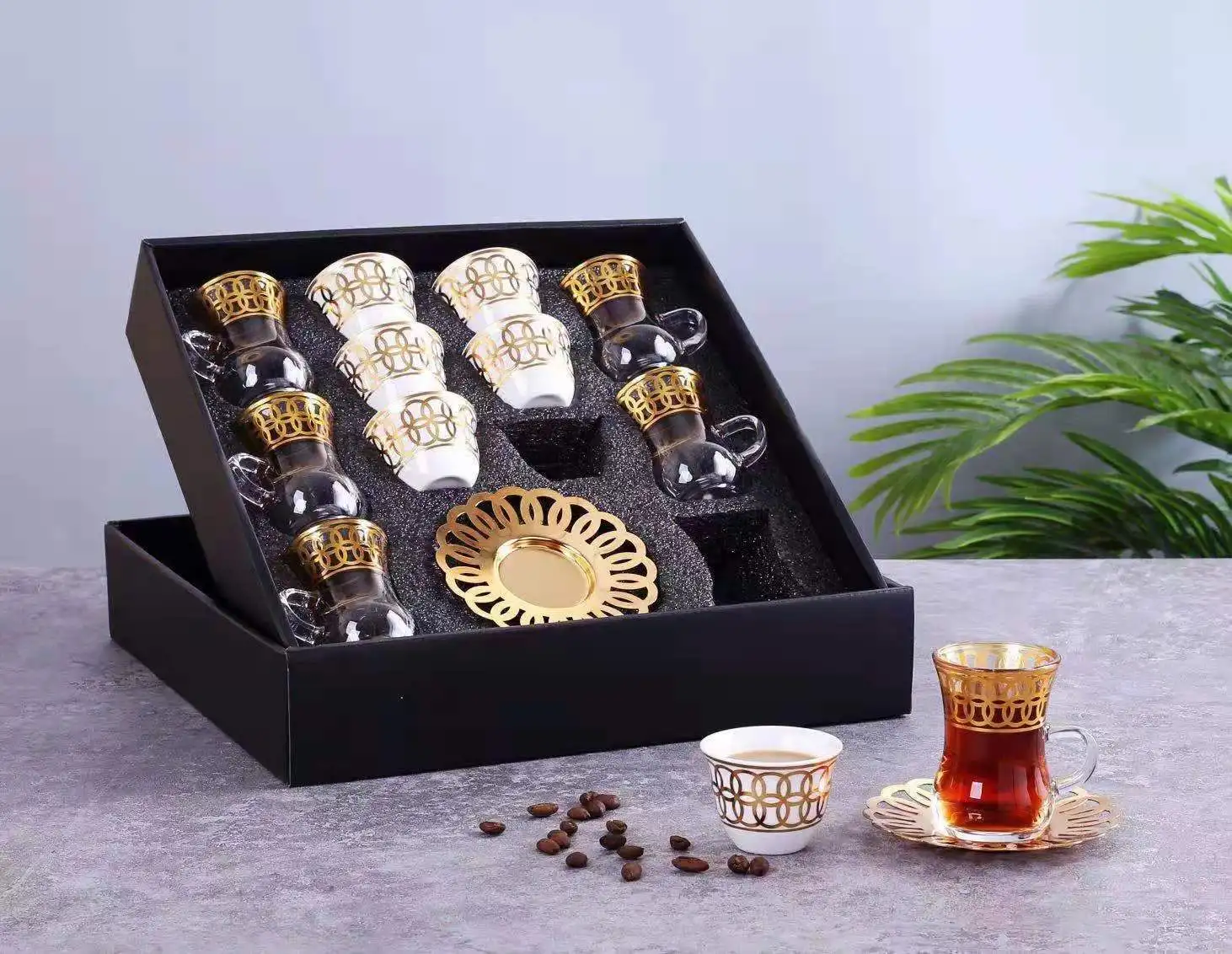 QIAN HU  Vintage Gift Set Classic Gold Plated Turkish  Glass Coffee Cups and Saucers Set Tea Set for Afternoon Tea