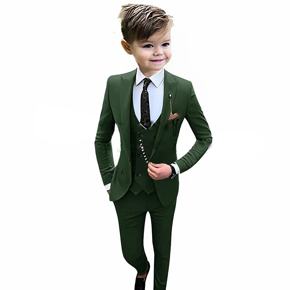 Fashion Suit for Boys Green Formal Casual Clothing Lapel Blazer 3 Piece Boy Child Wedding Suit Slim Fit (Jacket+Vest+Pants)