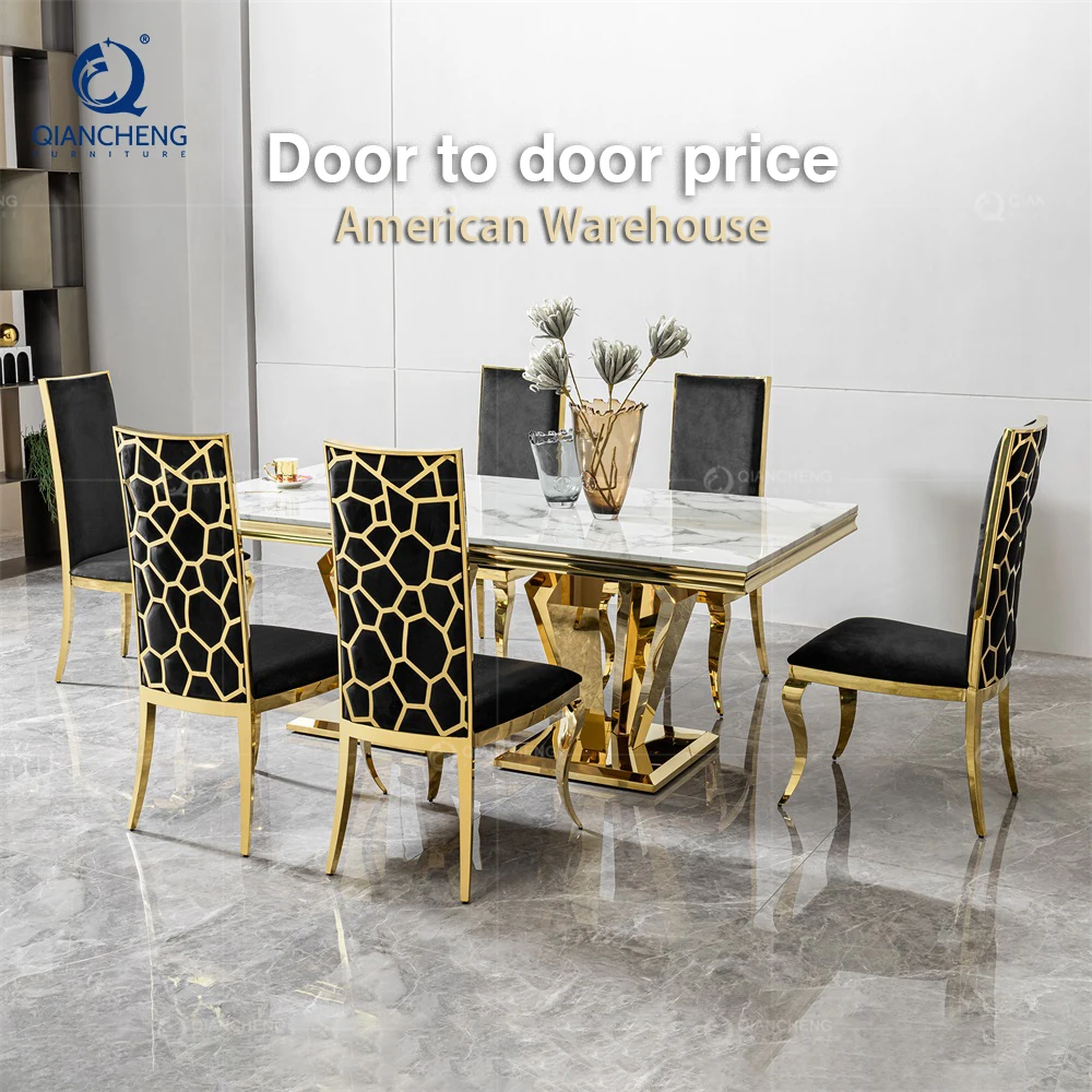 QIANCHENG modern luxury furnitures mirror golden dinners table dining room set marble dinning table 4 seater