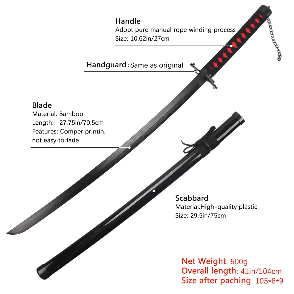 Hot sell Anime Sword ABS Collection Coser wooden Bleach Kurosaki Ichigo prop samurai knife Toys Swords For Kidults Playing Boys