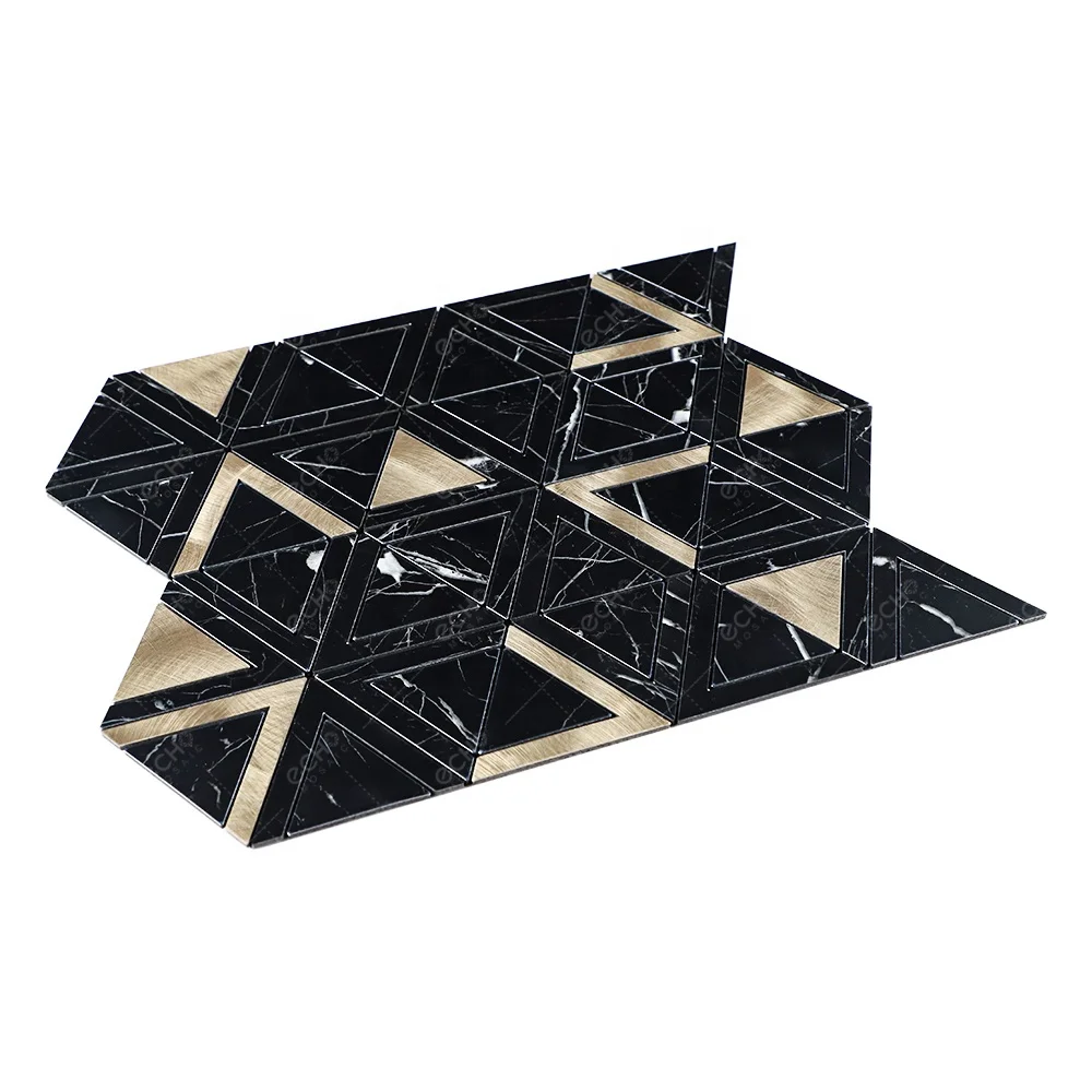 Waterjet Triangle Nero Marquina Black Marble Mixed Gold Aluminum Self Adhesive Mosaic Kitchen Backsplash Wall Tile