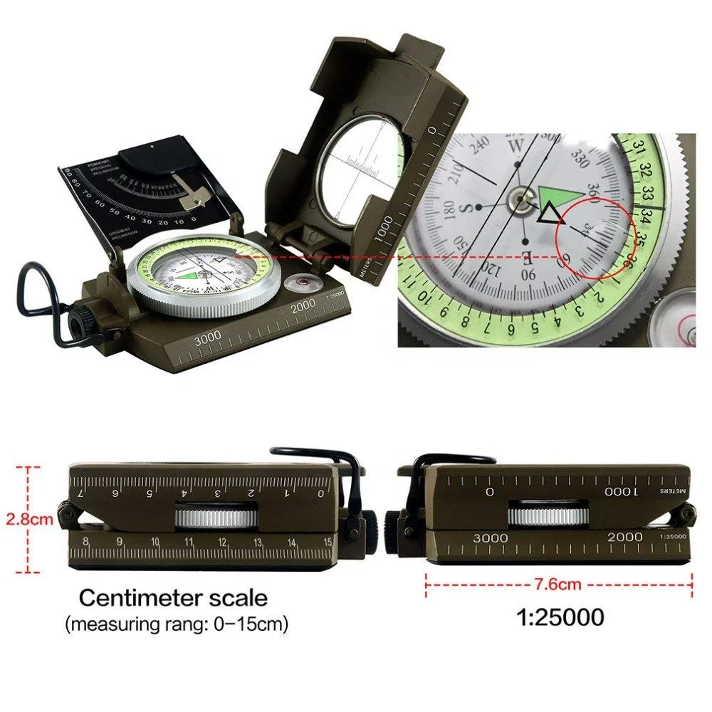 Multifunctional Compass for Hiking, Metal Waterproof High Accuracy Lensatic Compass with Clinometer for Hiking