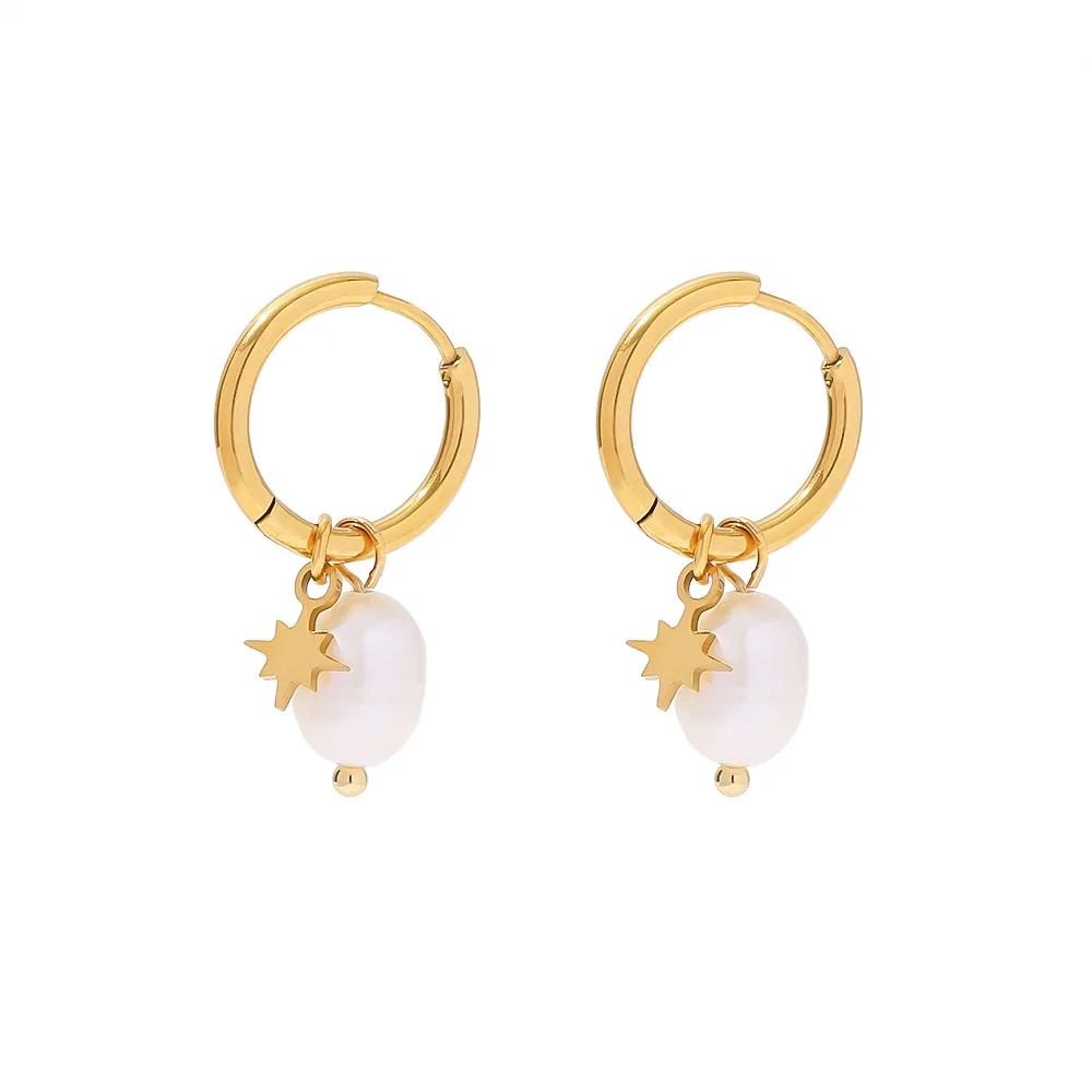 New Arrival Fashion Jewelry 18k Gold Plated Stainless Steel Freshwater Pearl Star Charm Dainty Pendant Hoop Earrings For Women