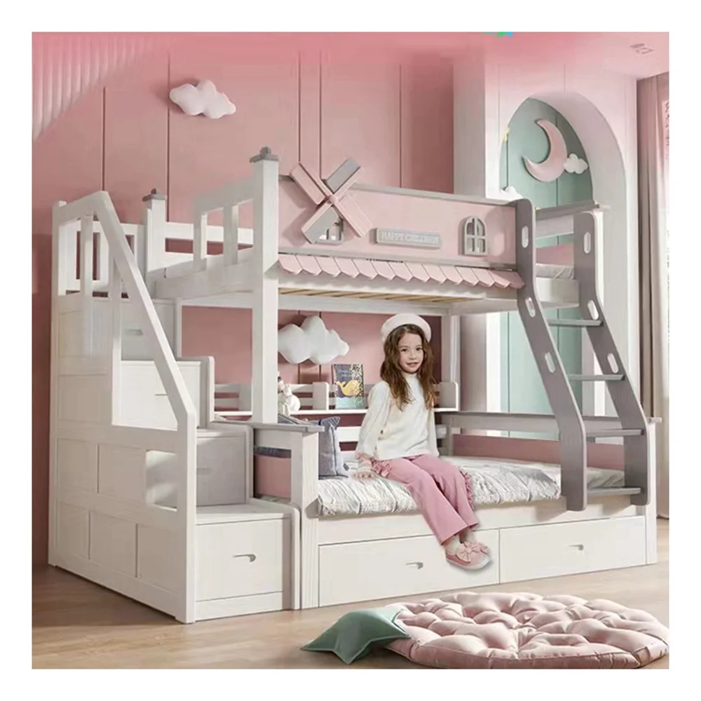Детская двухъярусная кровать из массива дерева современный деревянный дом с горкой и лестницей роскошная для детей