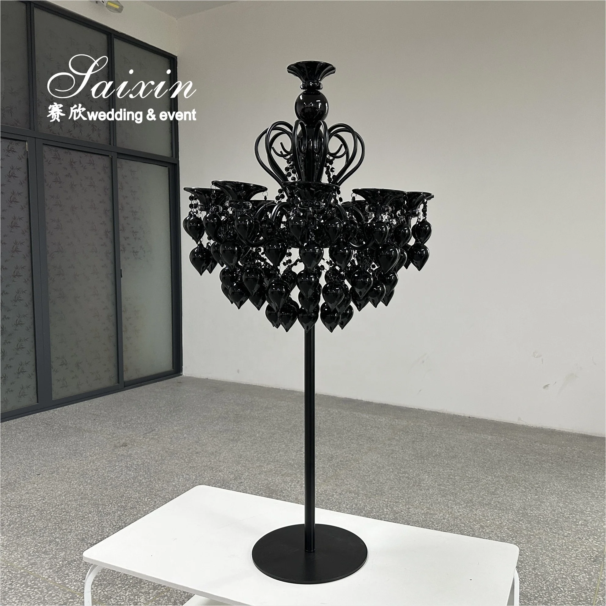 Saixin Designer Wedding Tall Decoration Table Centerpiece Black Crystal 10 Arms Candelabra