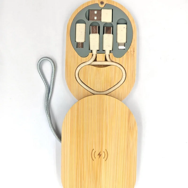 2024 New Slim Fast Charging Travel Cable kit 3 in 1 Type C USB Multi Charging Data Cable with Bamboo Wood Wireless Charger Pad