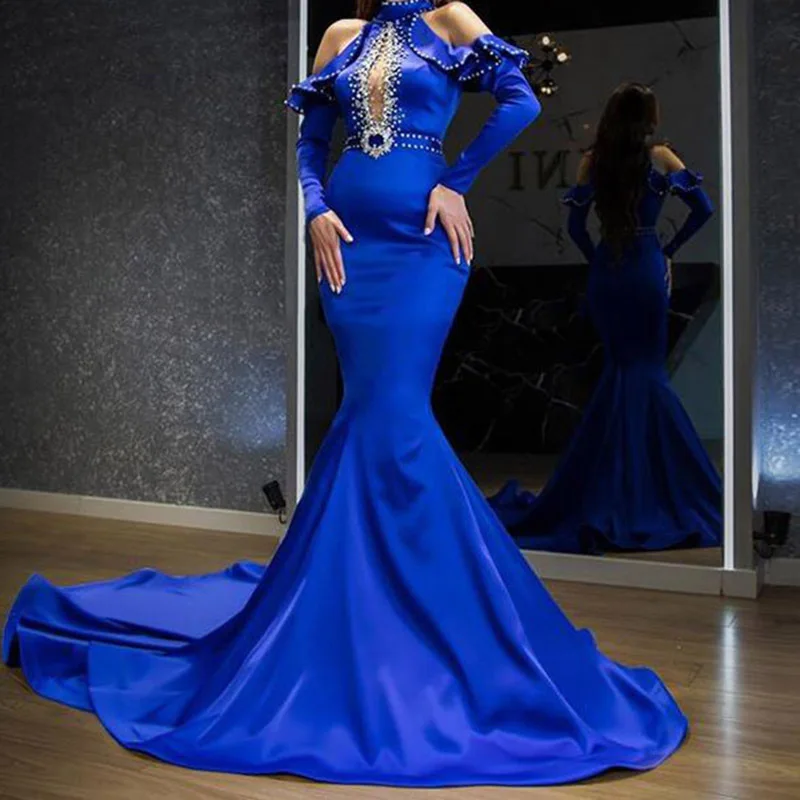 Indian Rhinestone Luxury Chest Hollow Strapless Moroccan Wedding Kitenge Long Dress Mermaid Train Designs for African Women