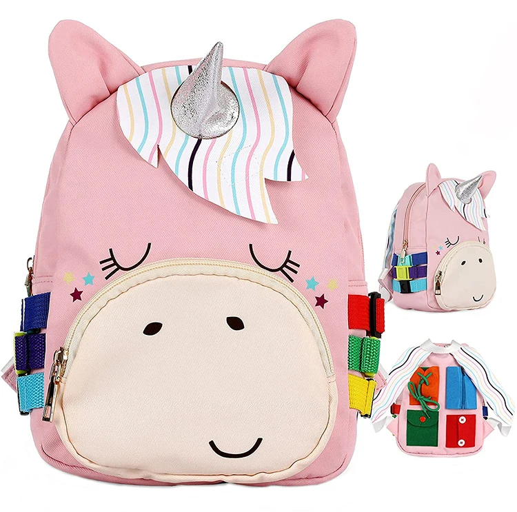 Custom cartoon unicorn toddler school bags busy board learning backpack montessori educational toys